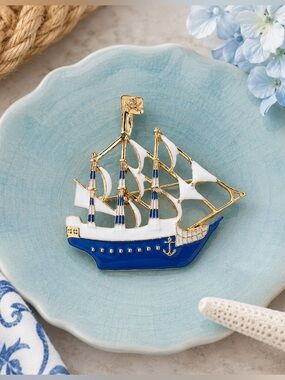 New Gold Tone Blue White Sailing Ship Brooch Nautical Pin